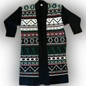 Vintage Patterned Open Long Cardigan Sweater, Boho, Retro, One Size